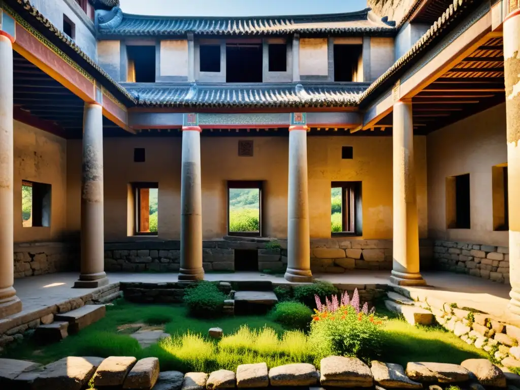 Palacio en ruinas de la dinastía Liao: misterio y resiliencia Ruinas del palacio de la dinastía Liao, con detalles arquitectónicos intrincados y restos de pinturas antiguas en las paredes