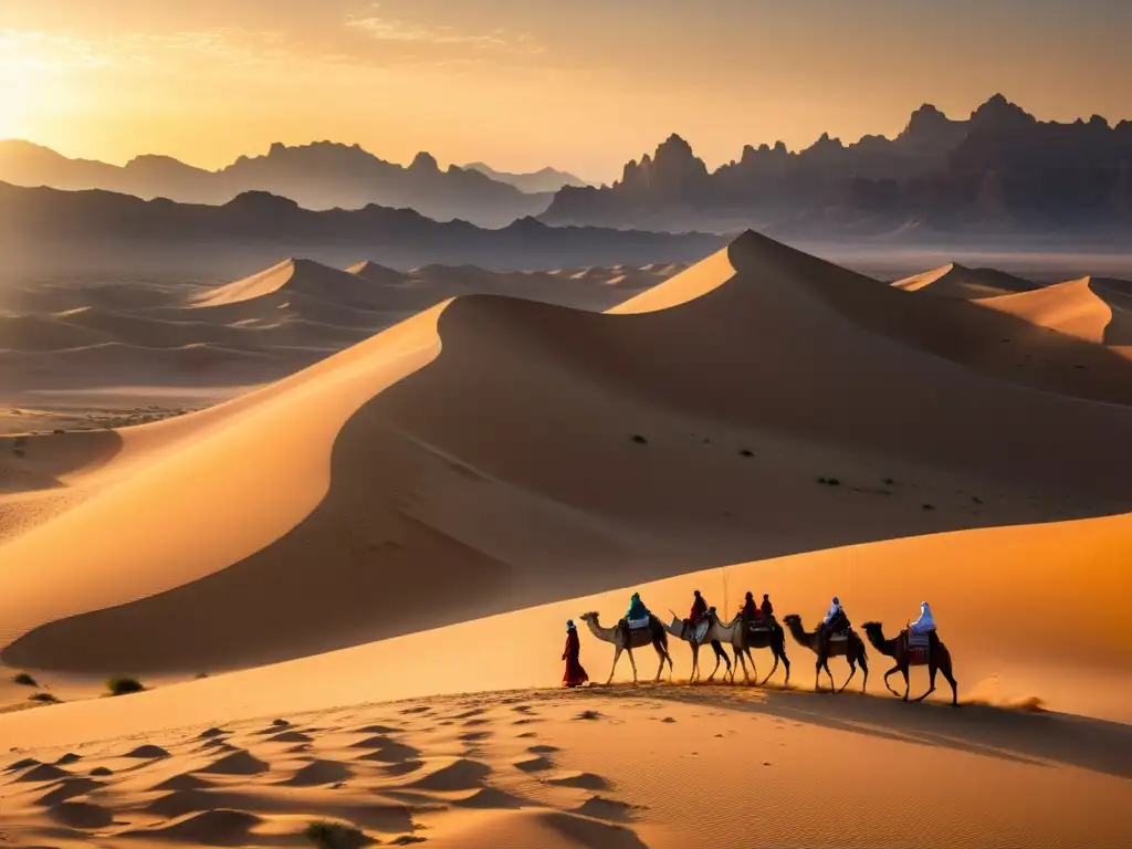 Una ruta comercial incienso Oriente Occidente, con camellos recorriendo un paisaje desértico de dunas y montañas bajo la cálida luz del sol