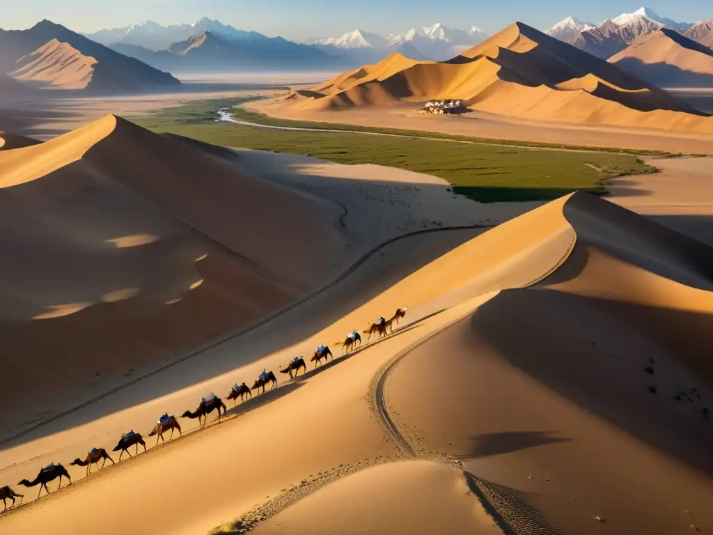 Ruta de Marco Polo en Asia Central: caravanas de camellos cruzando el desierto al atardecer, con las montañas Pamir al fondo