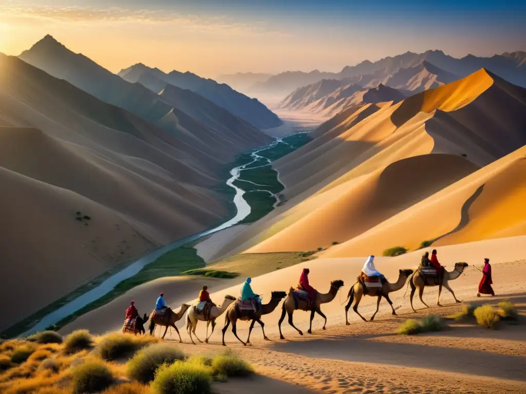 La Ruta de Marco Polo en Asia Central: caravana de camellos y mercaderes recorriendo paisaje montañoso al atardecer