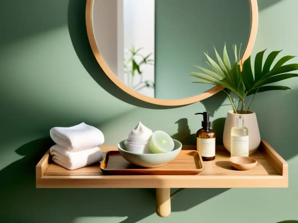 Rutina de cuidado facial asiático en baño zen Rutinas de cuidado personal asiáticas: Escena serena de baño asiático con productos de cuidado, té y reflexión en el espejo
