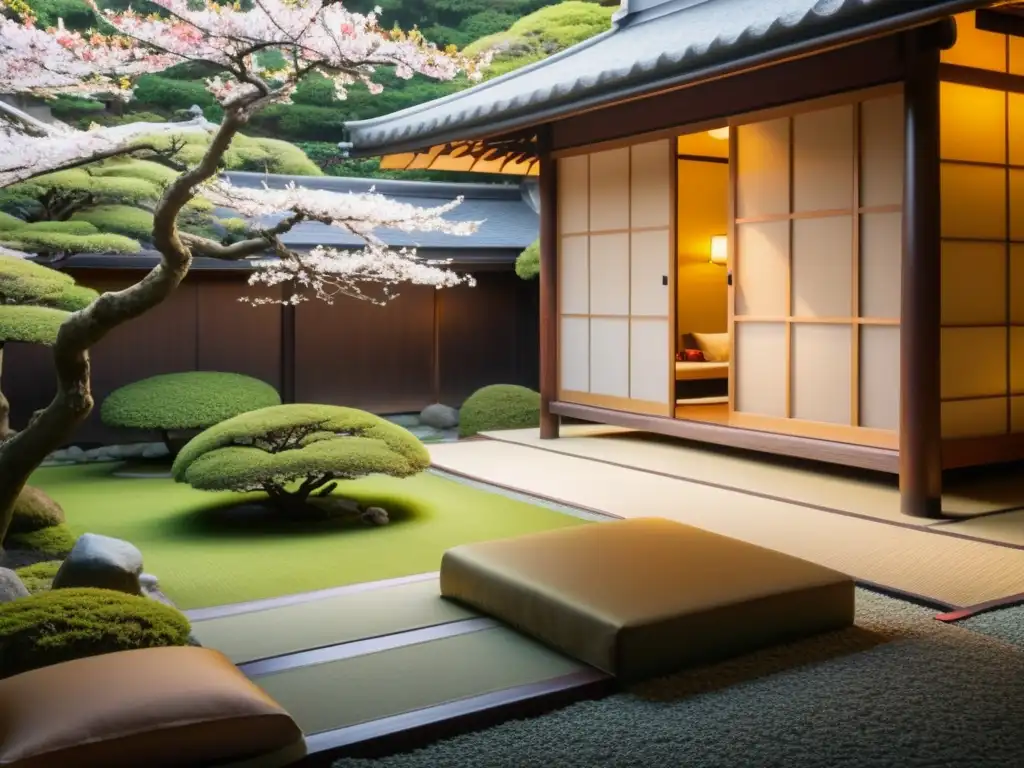 Un ryokan tradicional japonés con jardín de rocas, arquitectura de madera detallada, y cerezos en flor