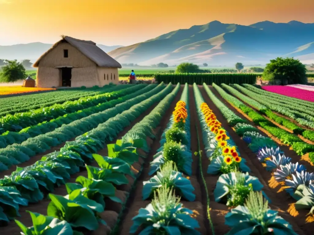 Una sabia rotación de cultivos en armonía con la naturaleza, cuidadosamente atendida por un agricultor en un campo diverso y vibrante