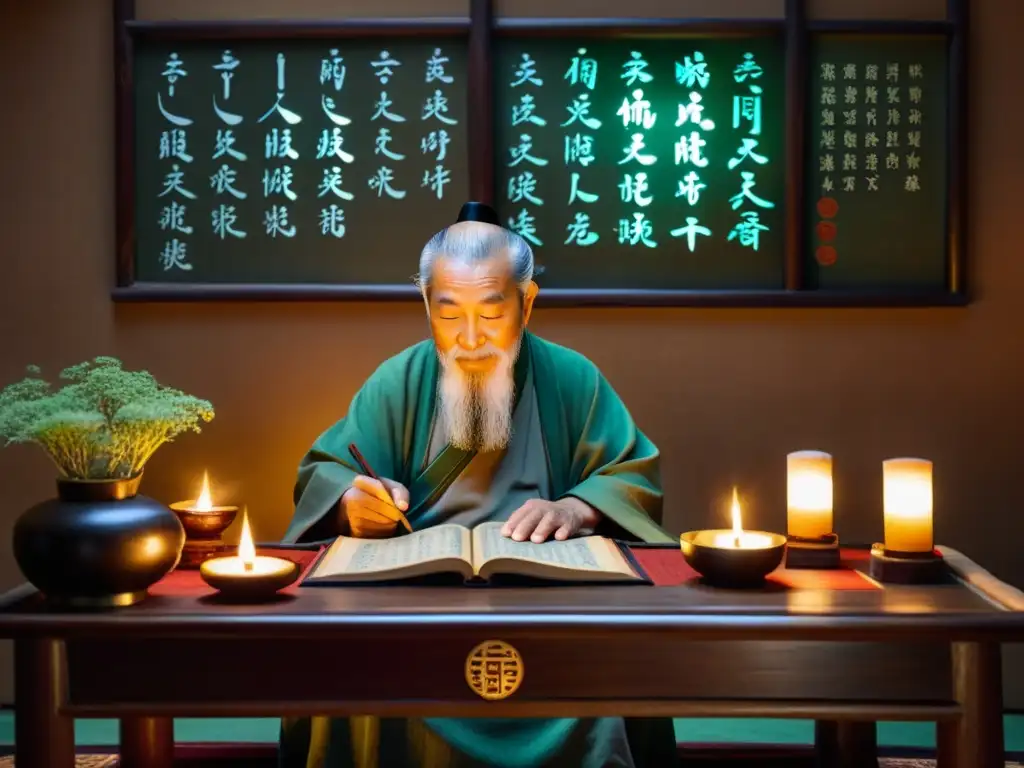 Un sabio consultando el I Ching en un ambiente sereno y tradicional chino