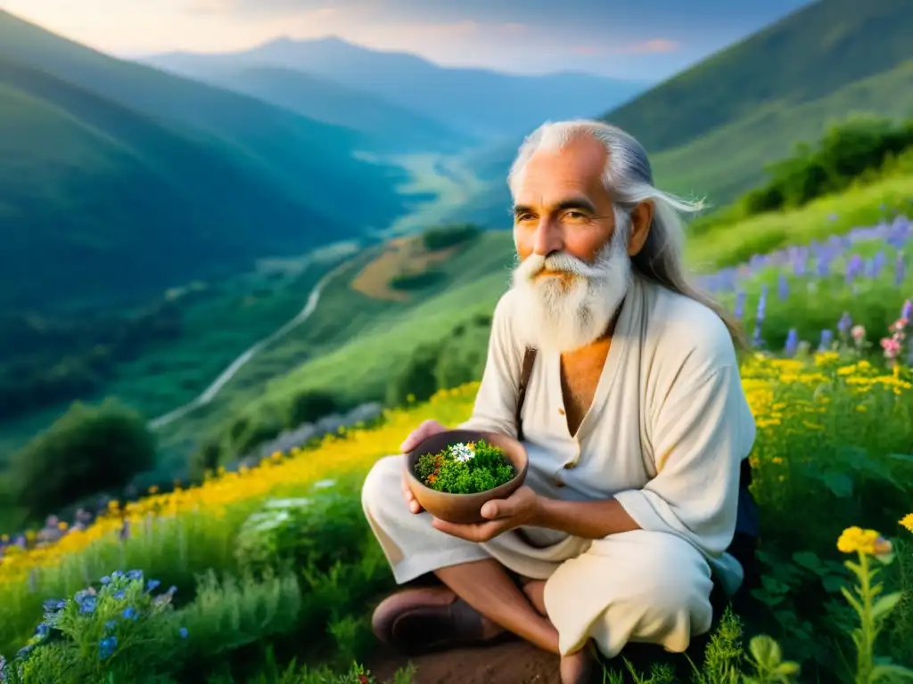 Un sabio anciano con barba blanca contempla el horizonte en una montaña, rodeado de flores silvestres