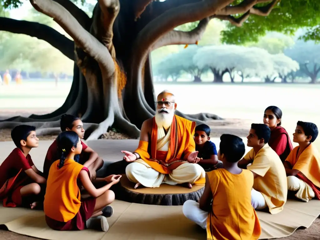 Un sabio gurú enseña lecciones de vida del Mahabharata a estudiantes diversos bajo un árbol Banyan