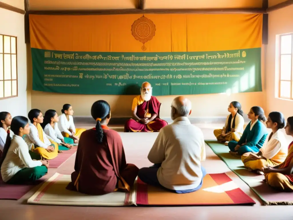 Un sabio maestro imparte enseñanzas de la antigua filosofía Sankhya a estudiantes atentos en un aula iluminada por el sol en un ashram tradicional de la India