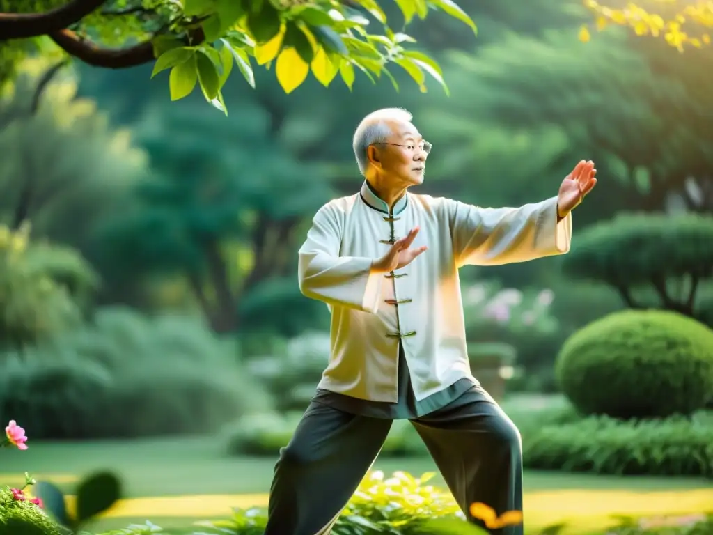 Un sabio maestro de tai chi practica en un jardín sereno, irradiando calma y fuerza