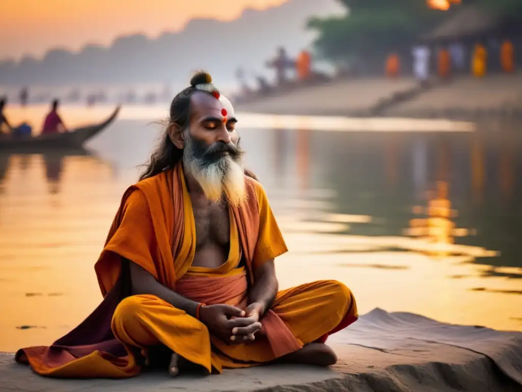 Un sabio sadhu hindú medita a orillas del Ganges, en armonía con la naturaleza