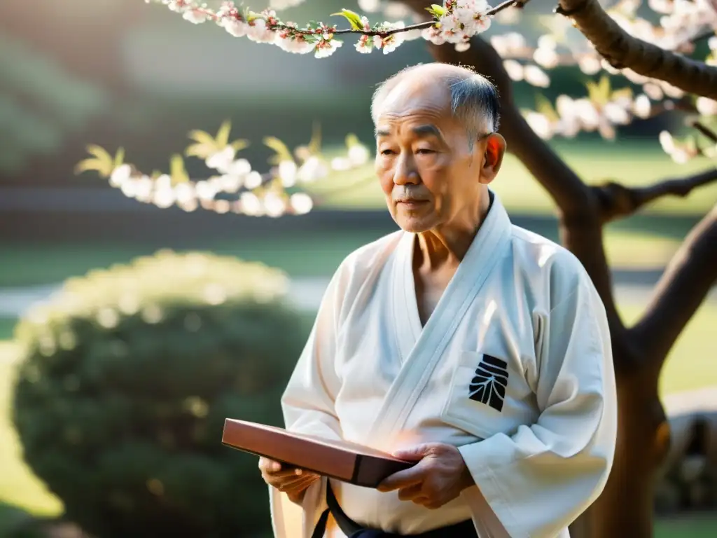 Un sabio sensei de KarateDo imparte lecciones de vida a sus estudiantes en un jardín tranquilo, bajo los cerezos en flor