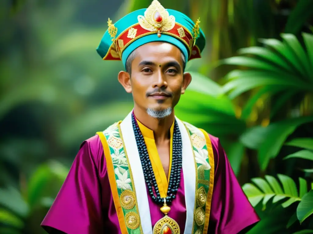 Un sacerdote balinés viste un traje ceremonial adornado con bordados y detalles dorados, resaltando la rica herencia cultural de Bali