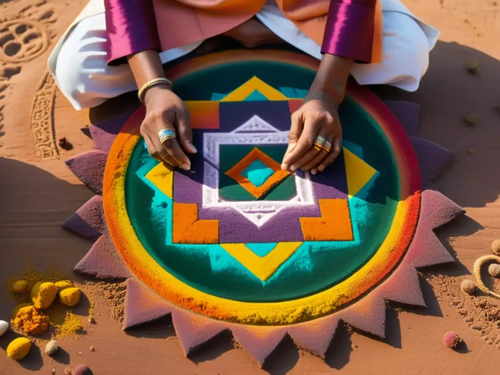 Un sacerdote hindú crea un yantra con polvos de colores, mostrando precisión y espiritualidad en su práctica