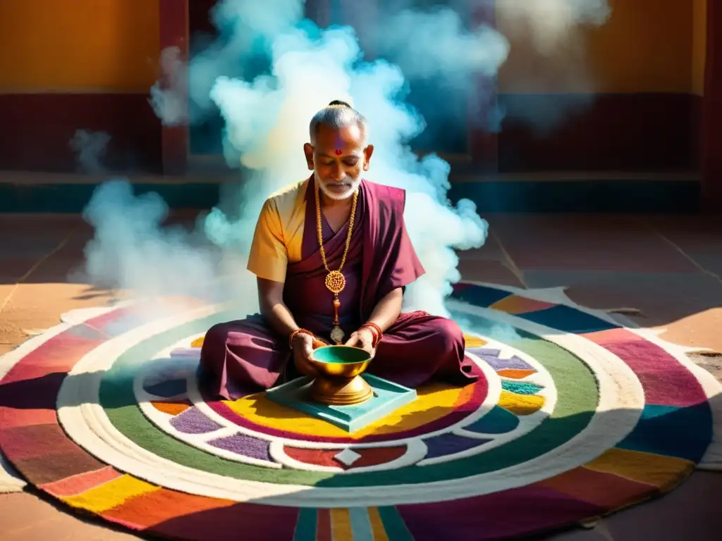 Un sacerdote hindú crea un yantra con polvos vibrantes en un ritual tradicional