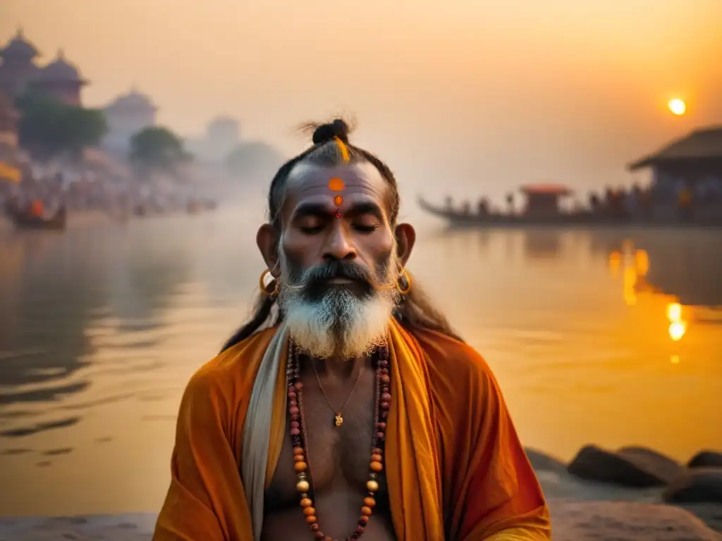 Un Sadhu en meditación junto al Ganges al amanecer, reflejando la serenidad y conexión espiritual del concepto de Atman en Hinduismo