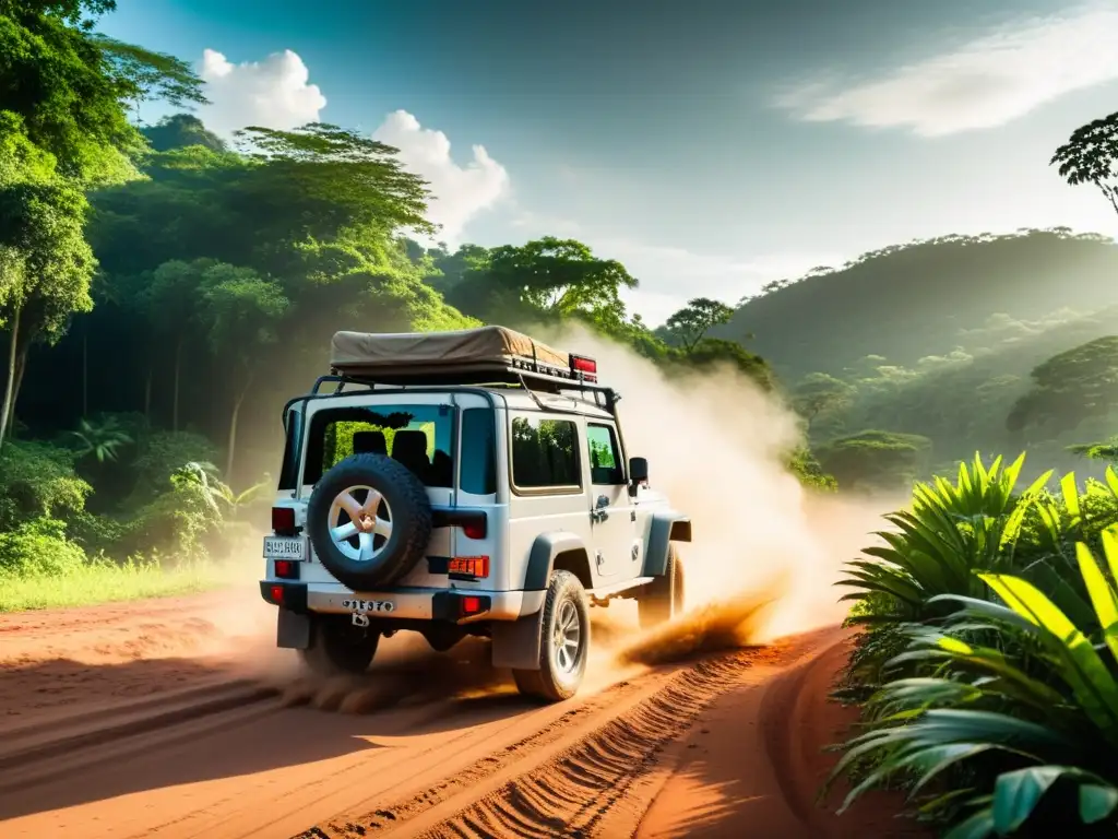 Safari en Jeep por Tailandia: Aventura entre junglas exuberantes, palmeras y flora tropical, con el sol filtrándose entre las hojas