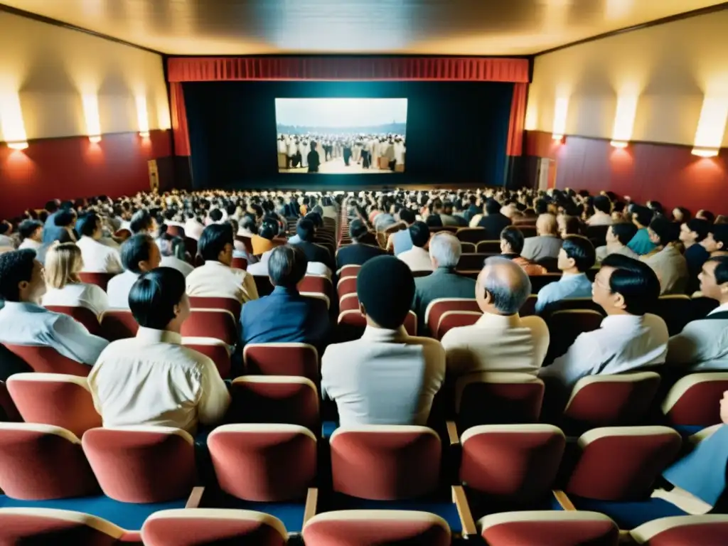 Una sala de cine llena proyectando una película clásica de karate de los 70
