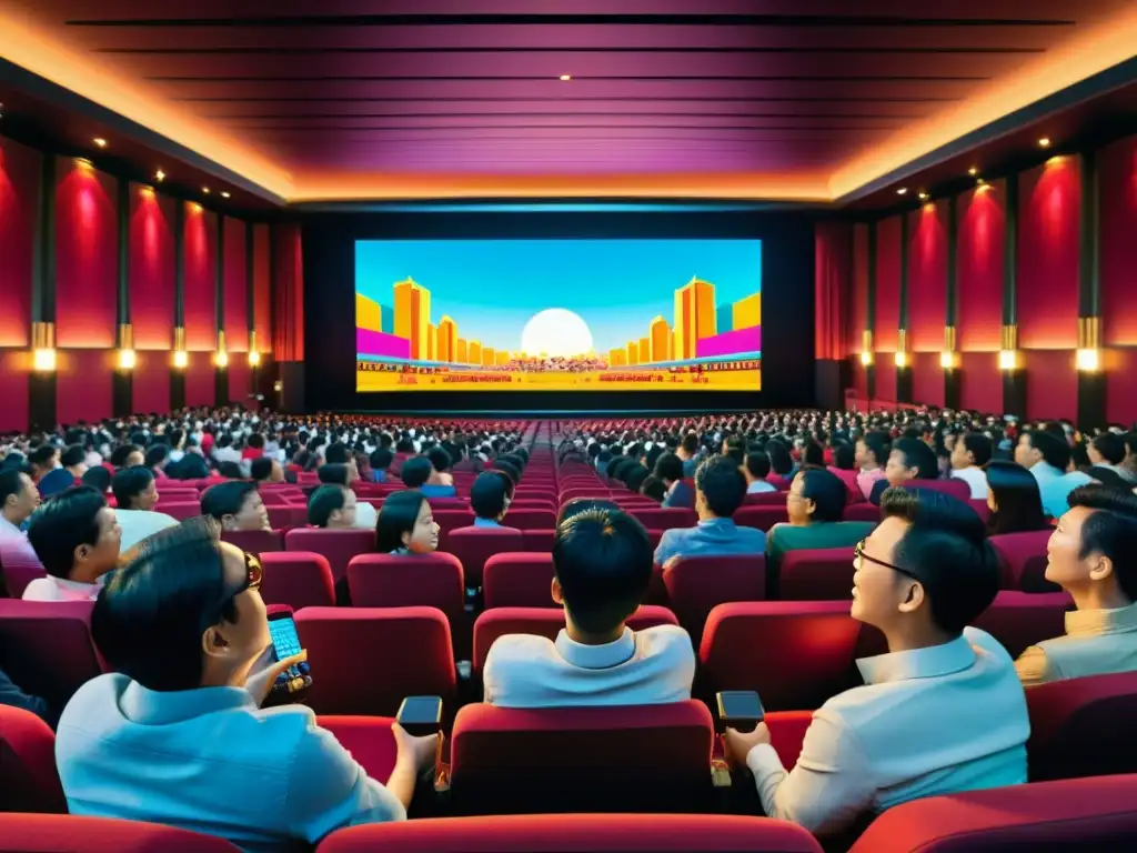 Una sala de cine repleta en Asia, con una base de admiradores del cine asiático emocionados viendo una nueva película vibrante