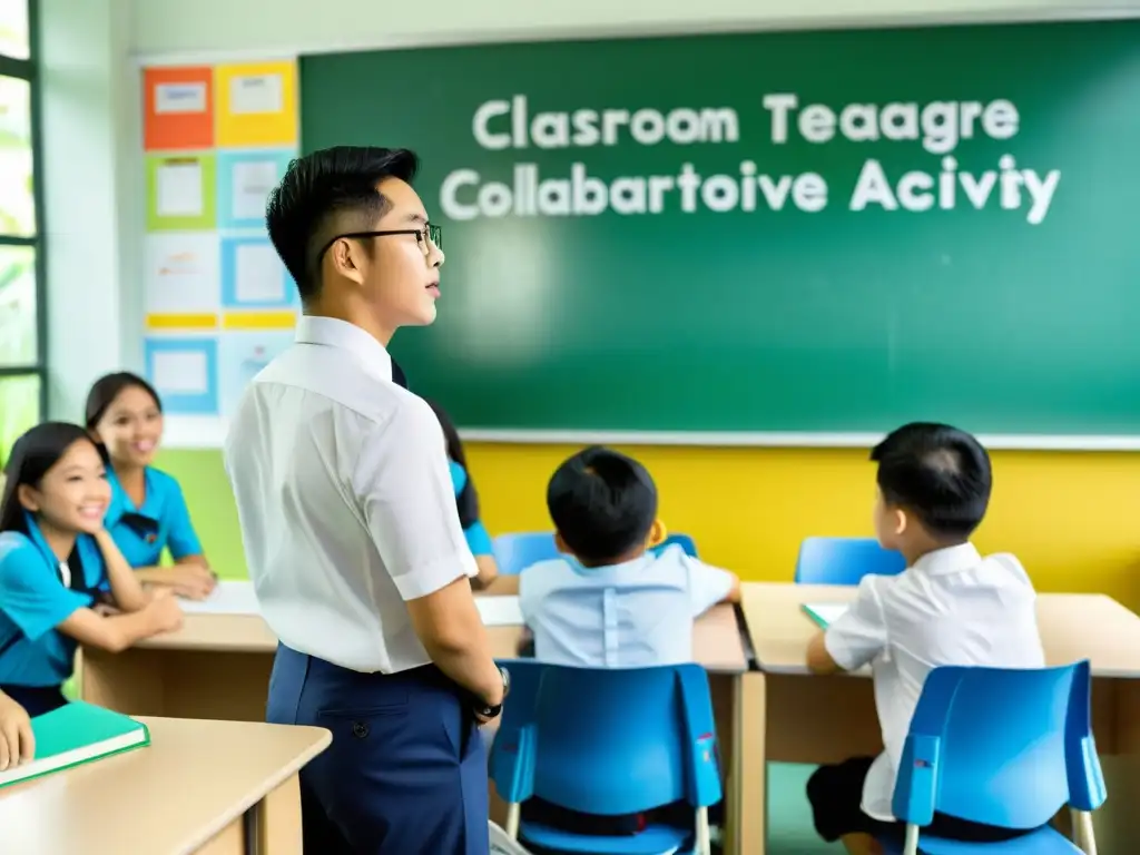 Sala de clase en Singapur: estudiantes atentos participan en el dinámico sistema educativo Singapur; el aula está equipada y colorida