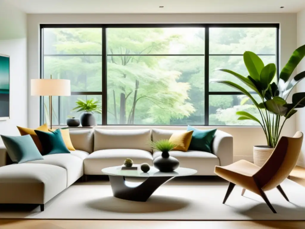 Una sala contemporánea con muebles minimalistas, adaptación del Feng Shui moderno, armonía y tranquilidad