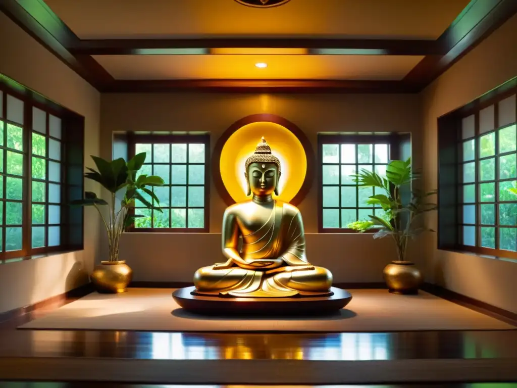 Una sala de meditación serena con una estatua dorada de Buda, iluminada por la luz suave