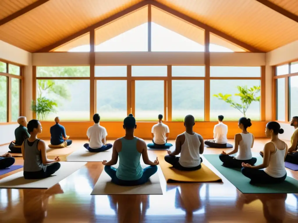 Una sala de meditación serena en un retiro Vipassana contemporáneo, con meditadores en profunda contemplación, bañados en suave luz natural