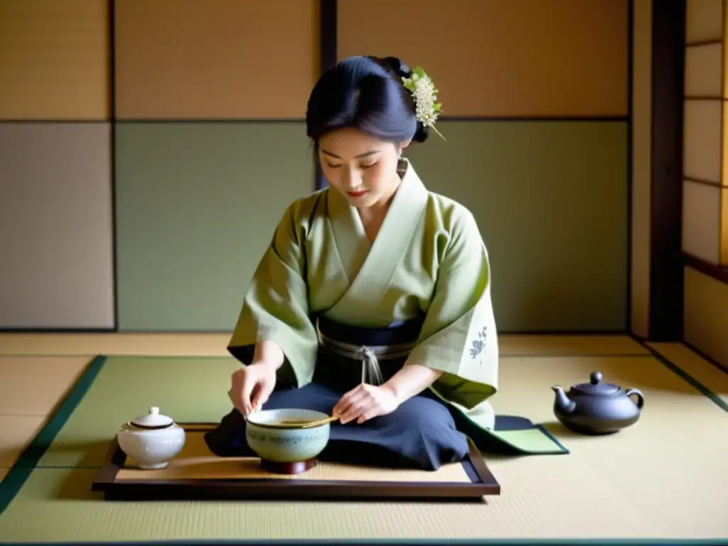 En una sala de tatami, una anfitriona con kimono sirve té verde a sus invitados con caligrafía y arreglos florales, creando una atmósfera armoniosa