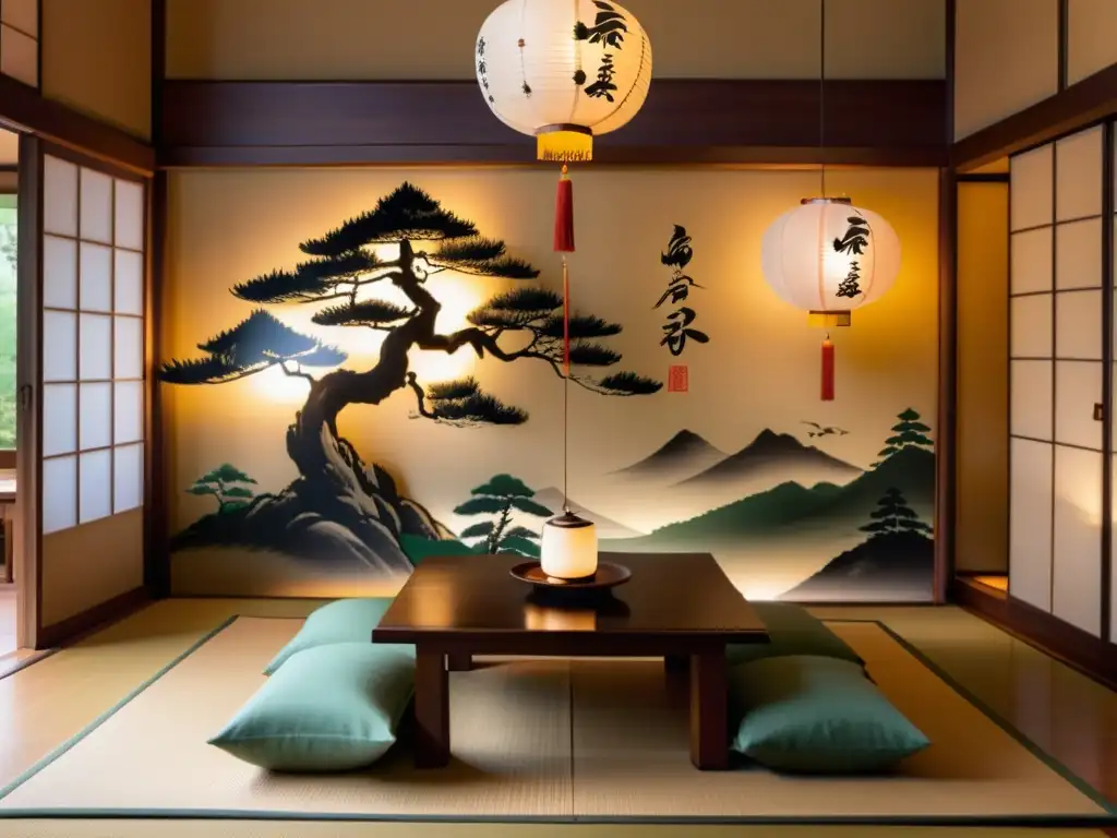 Una sala de té japonesa decorada con caligrafía tradicional, mesas bajas de madera y cojines en el suelo