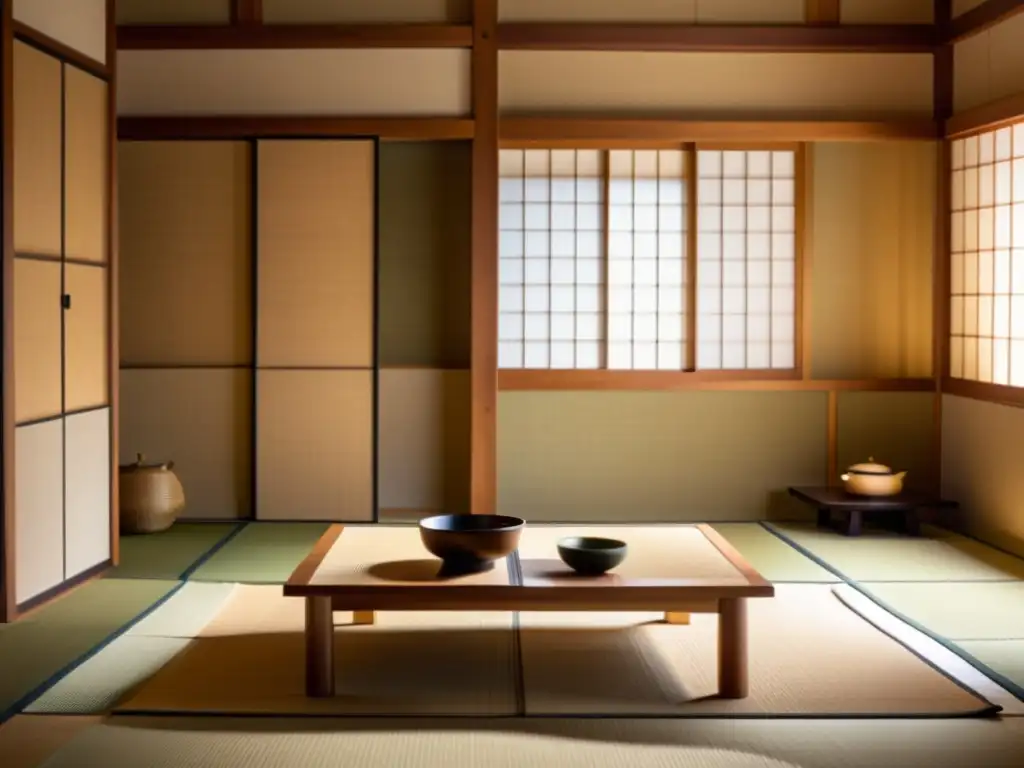 Una sala de té japonesa tradicional con tatamis, una mesa baja de madera y una elegante disposición de utensilios