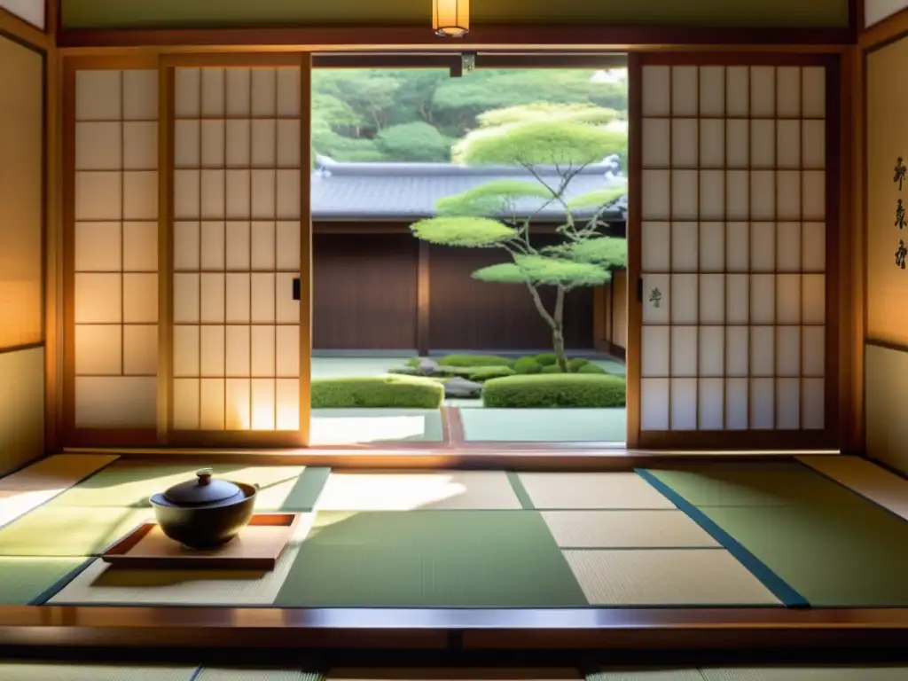 Una sala de té japonesa tradicional decorada con elegantes utensilios para la ceremonia del té matcha tradición, en un ambiente sereno y reverente