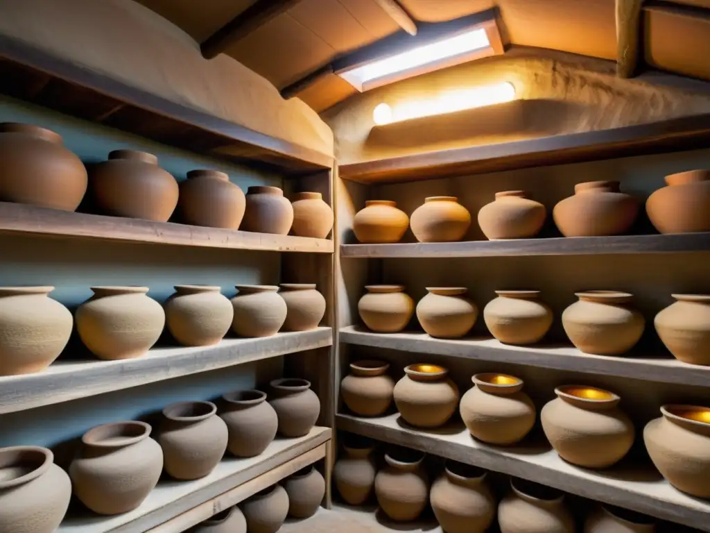 Una sala de fermentación tradicional coreana con grandes ollas de barro llenas de pasta de soja, iluminada por la luz tenue