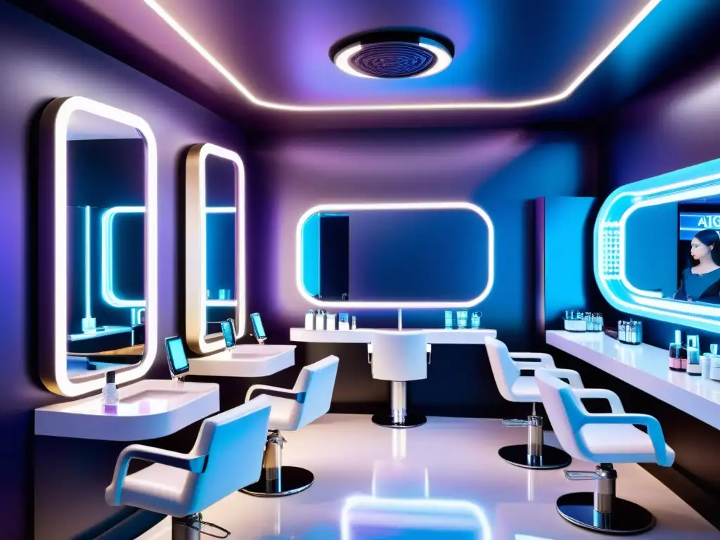 Salón de belleza futurista en entorno urbano asiático con tecnología avanzada y mezcla de tradiciones