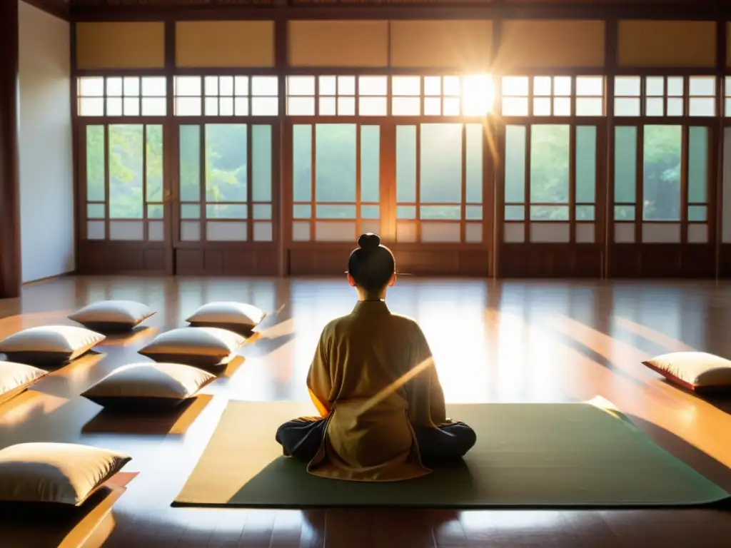 Un salón de meditación Chan chino tradicional bañado por luz dorada, con practicantes en profunda meditación