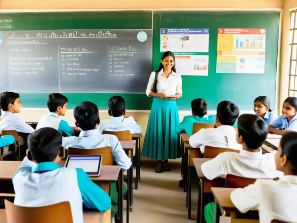 Salón de clase bullicioso en India, con estudiantes participando en actividades de aprendizaje tecnológico