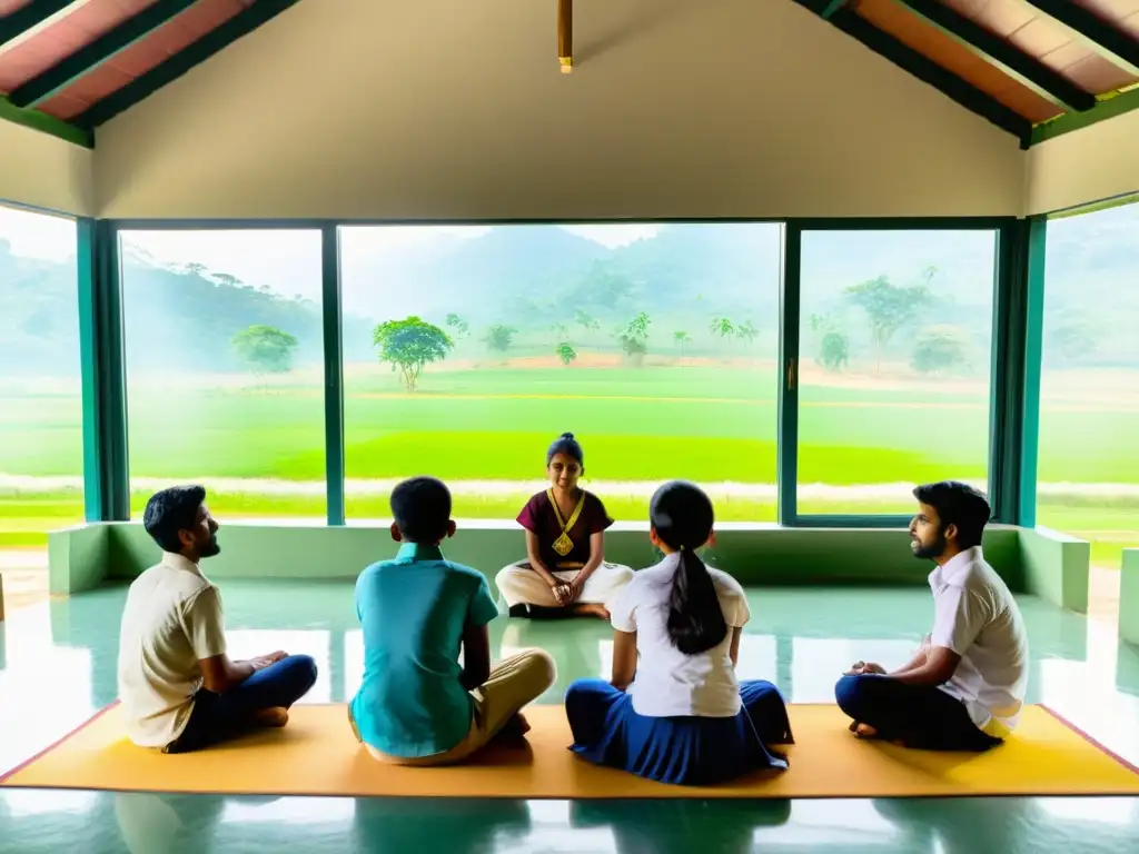 Salón de clase en India, con estudiantes inmersos en una discusión espiritual con su maestro