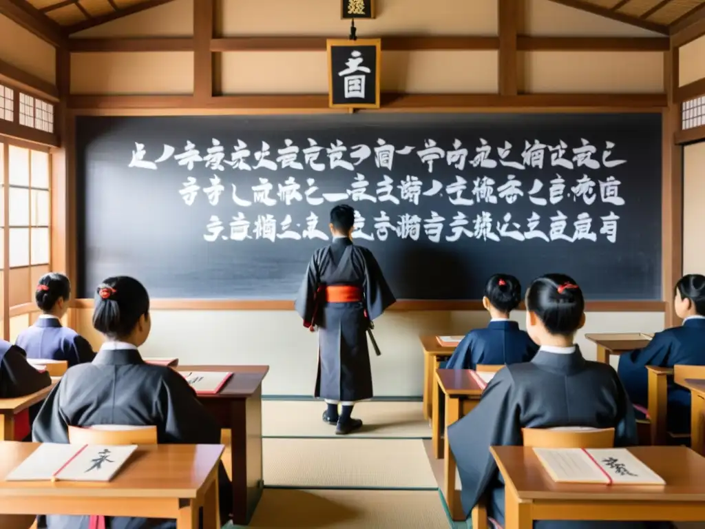 Salón de clase japonés tradicional con estudiantes y maestro vestidos con atuendos tradicionales, ambiente influenciado por bushido y ética samurái