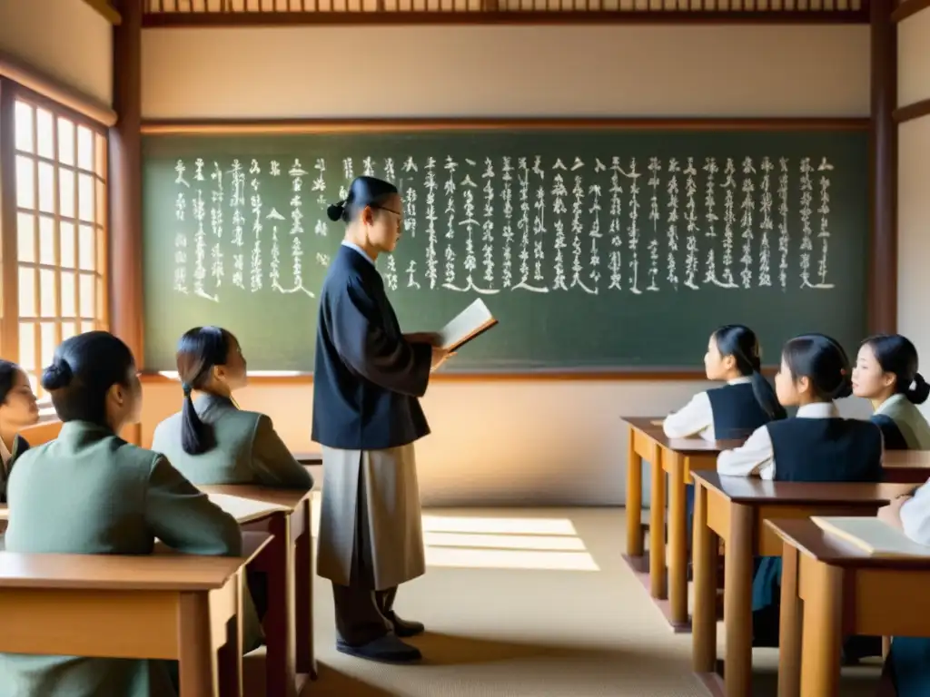 Salón de clase sereno iluminado por el sol, estudiantes debatiendo, maestro guiando la discusión con el Tao Te Ching