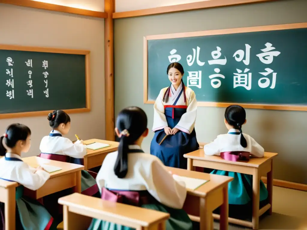 Salón de clase tradicional coreano con estudiantes en hanbok, aprendiendo sobre educación y cultura en Asia