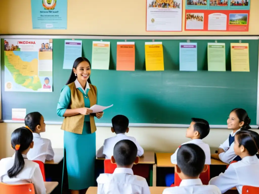 Salón de clases diverso en Indonesia, con estudiantes de diferentes orígenes étnicos participando en actividades de aprendizaje de idiomas