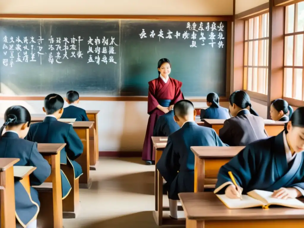 Salón de clases iluminado por el sol en una escuela asiática, donde los estudiantes visten uniformes tradicionales y estudian con respeto