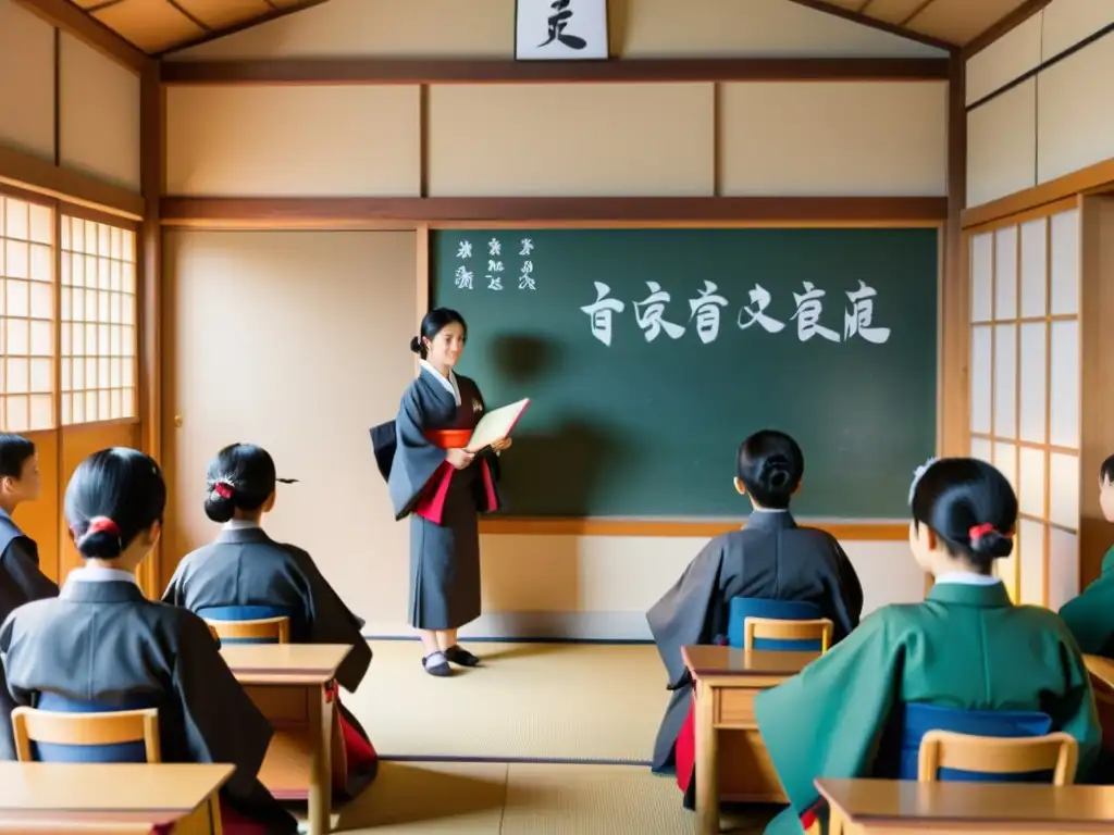 Salón de clases japonés tradicional con estudiantes y maestra en kimono, decorado con origami y carteles educativos