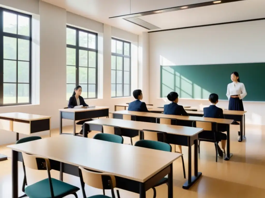 Salón de clases zen con luz natural, estudiantes concentrados y un maestro que irradia calma y liderazgo educativo inspirado en el Zen