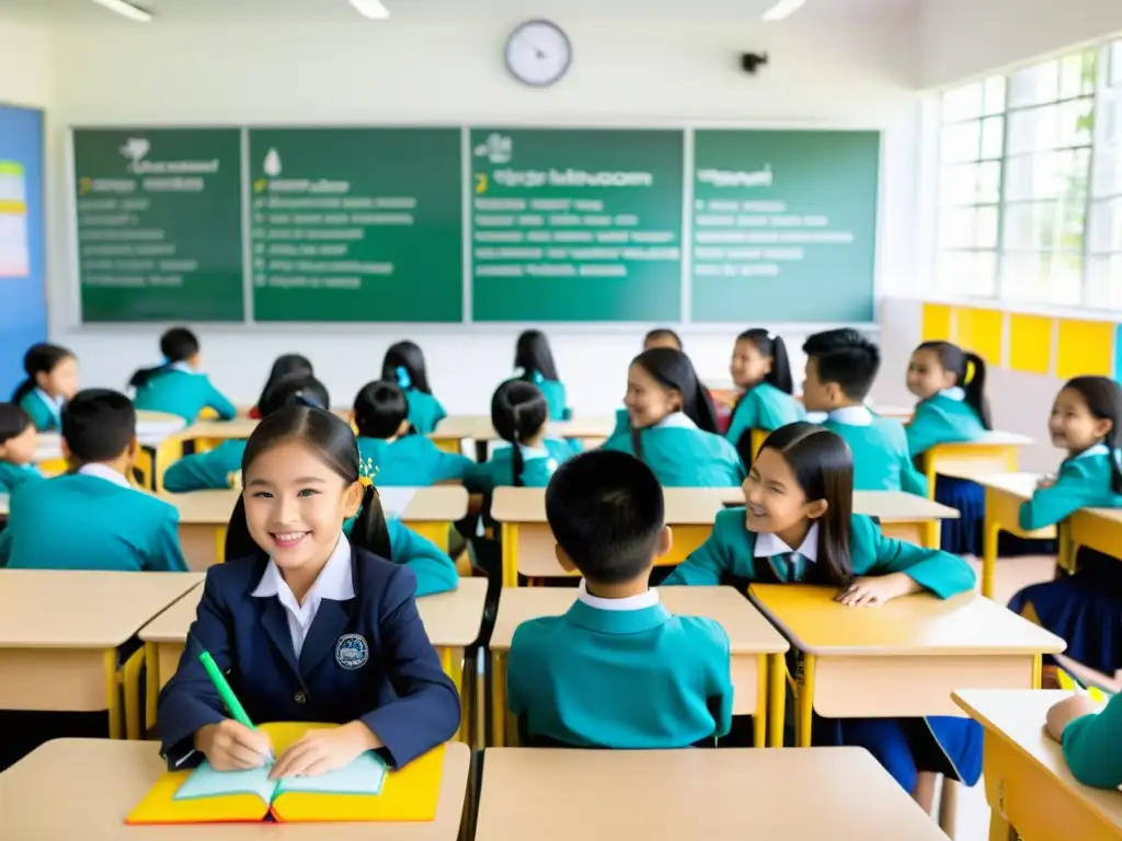 Salón de clases vibrante en una escuela moderna de Tailandia, reflejando la innovación educativa en el sudeste asiático