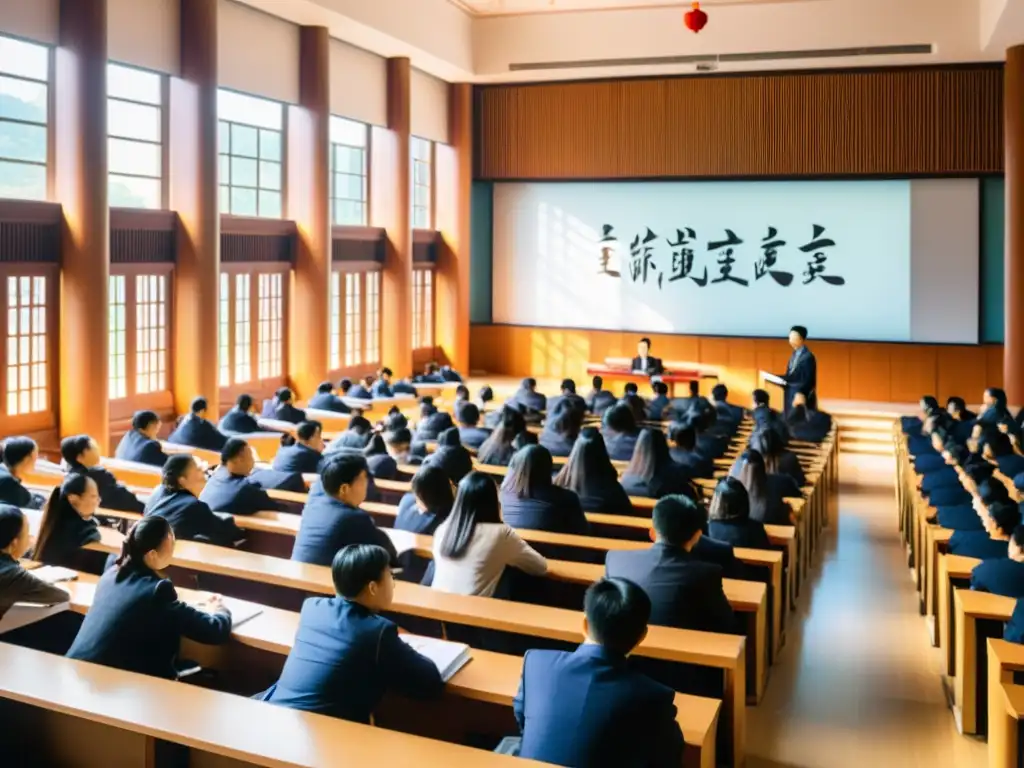 Salón de conferencias lleno en una prestigiosa universidad china, estudiantes atentos escuchando al profesor