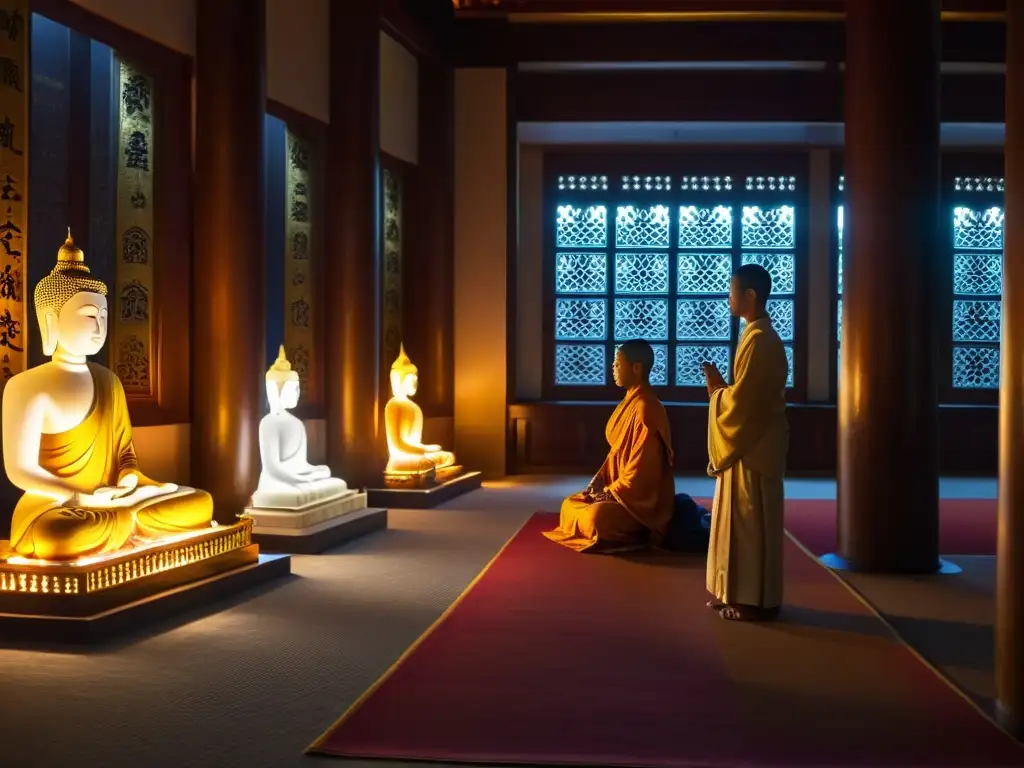 Un salón de meditación iluminado suavemente con una estatua dorada de Buda como centro