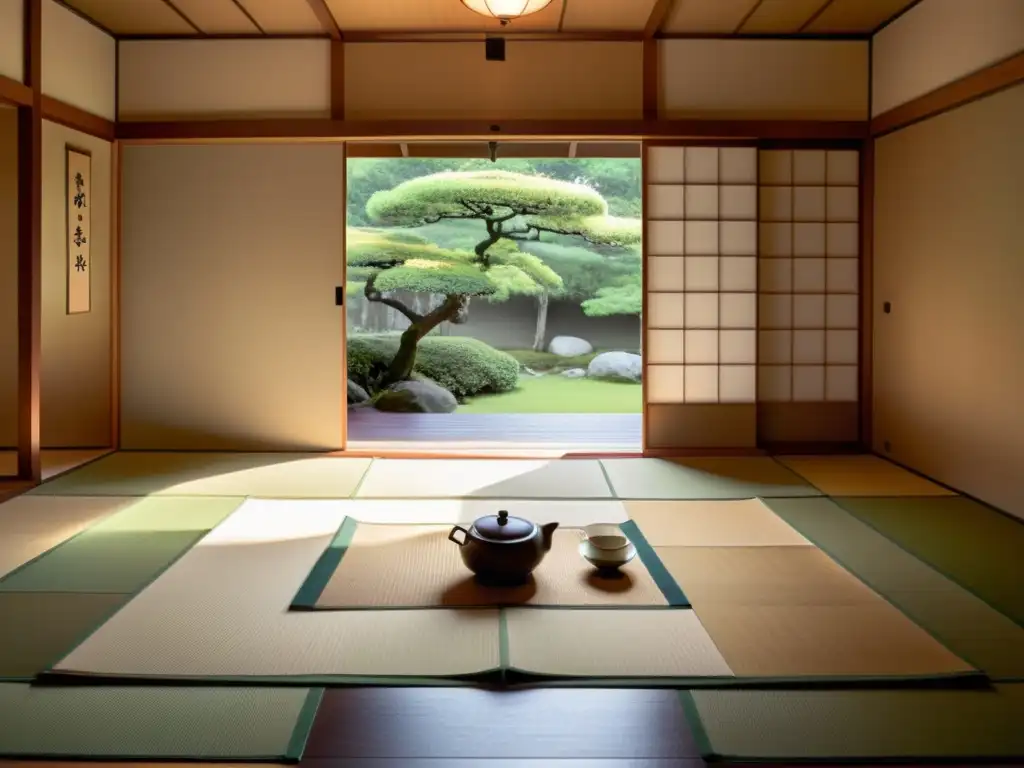 Un salón de té japonés sereno y minimalista con tatamis, puertas shoji y un elegante alcoba tokonoma con pintura y arreglo floral