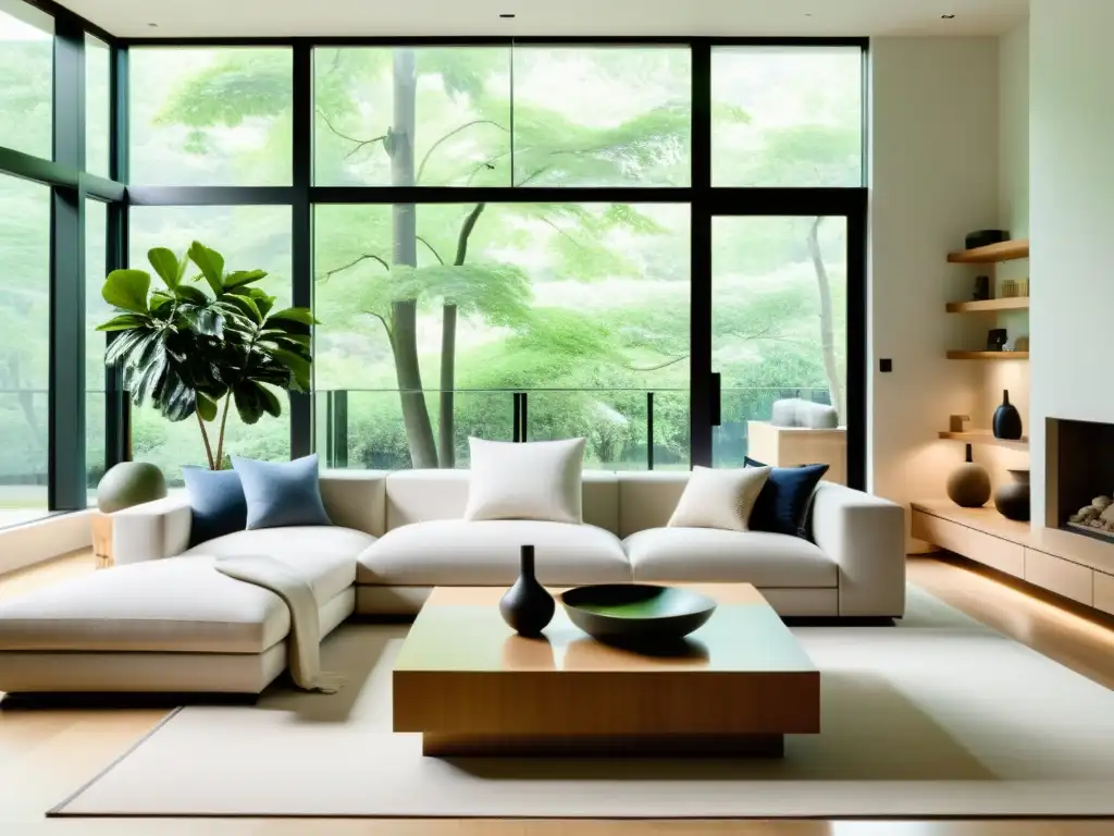 Salón minimalista con adaptación del Feng Shui moderno, inundado de luz natural y armonía en mobiliario y decoración