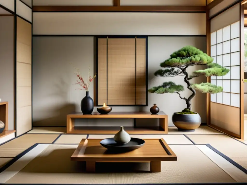 Un salón moderno con influencias asiáticas, incluyendo una pantalla shoji, mesa baja de madera con bonsái y quemador de incienso