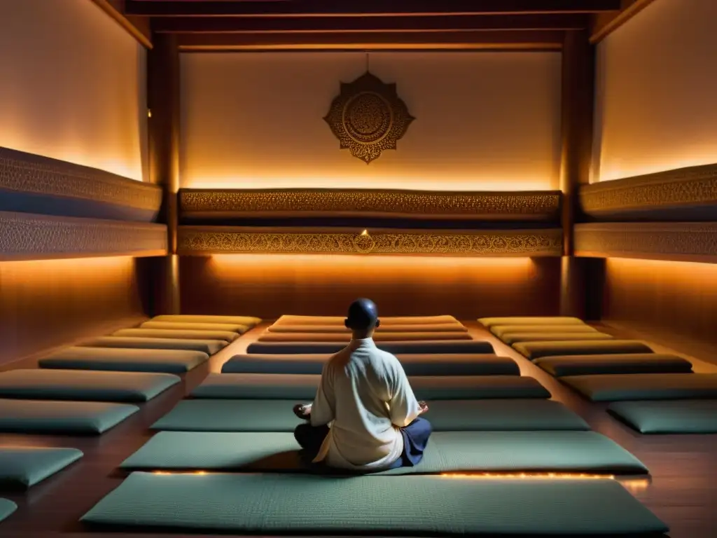 Un salón de meditación sereno iluminado por velas, con practicantes en profunda contemplación