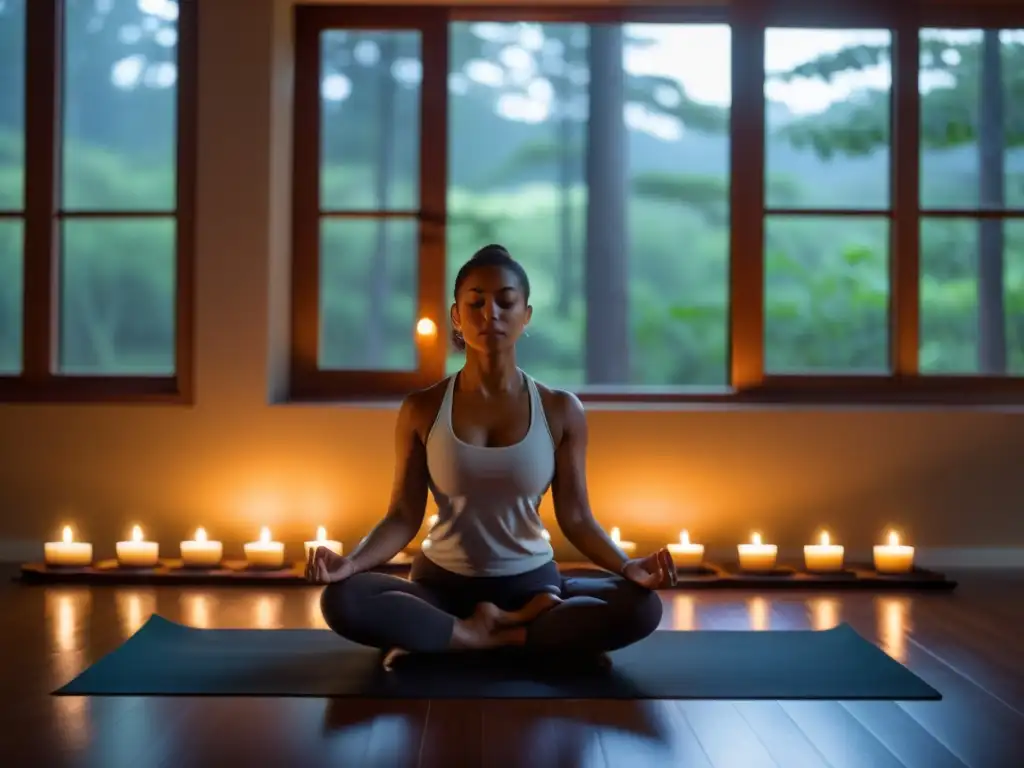 Salón de yoga sereno con luz tenue