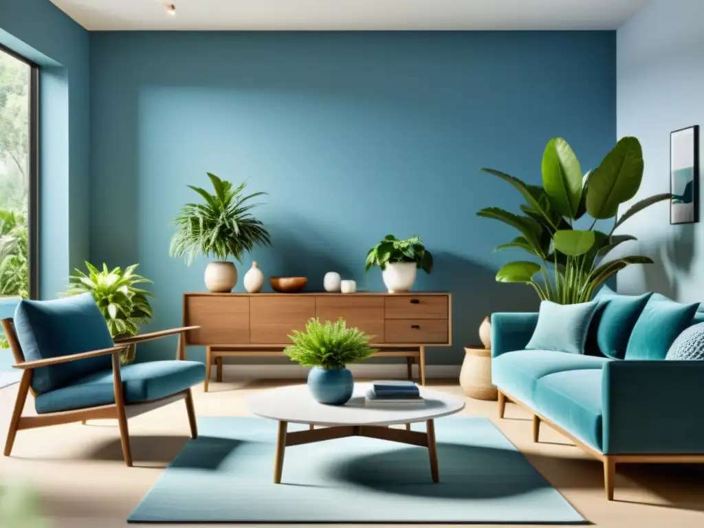 Salón sereno y tranquilo con diseño Feng Shui para la salud, iluminación natural suave y plantas verdes